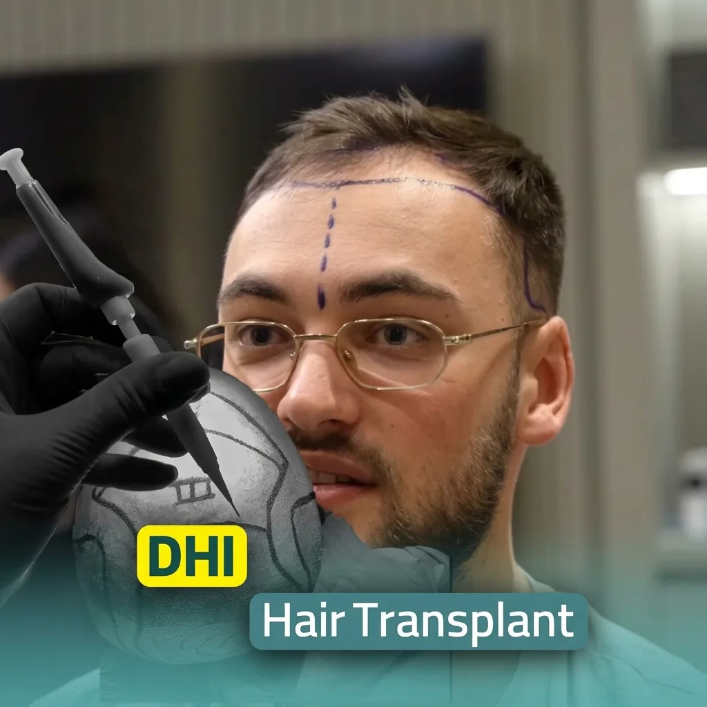 DHI hair transplant candidate with hairline mapping and Choi implanter at Helia Clinic Dubai