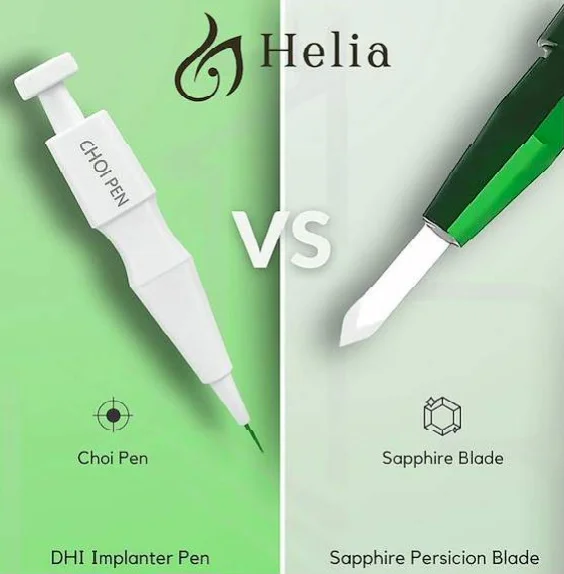 DHI Choi Pen vs Sapphire FUE blade comparison at Helia Clinic Dubai