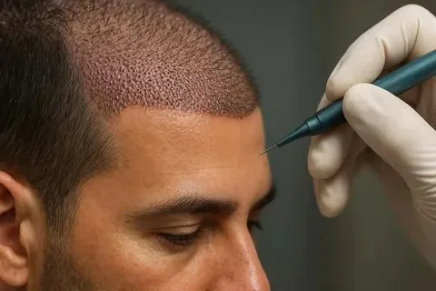 Sapphire pen for precise recipient-site incisions during hair transplant at Helia Clinic Dubai