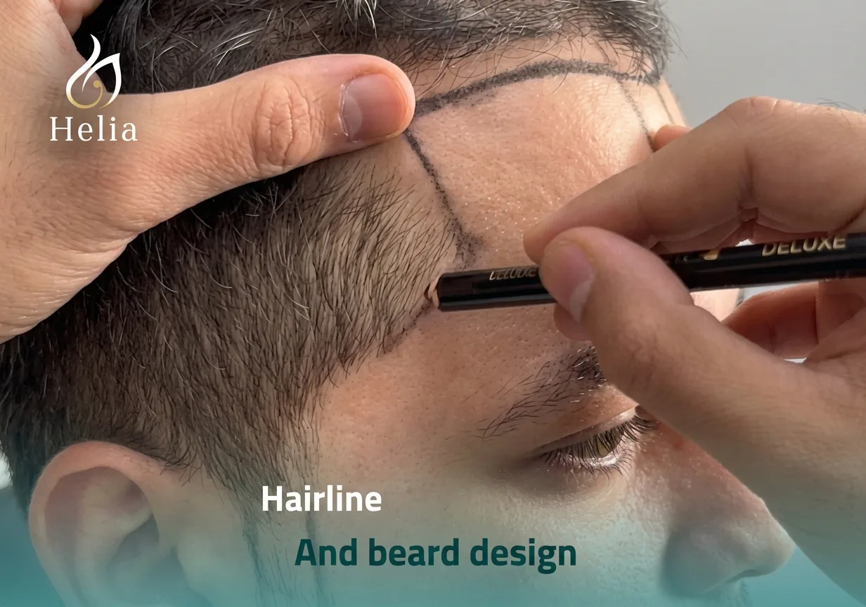 Hairline transplant planning at Helia Clinic Dubai — hairline and beard design marking during consultation.