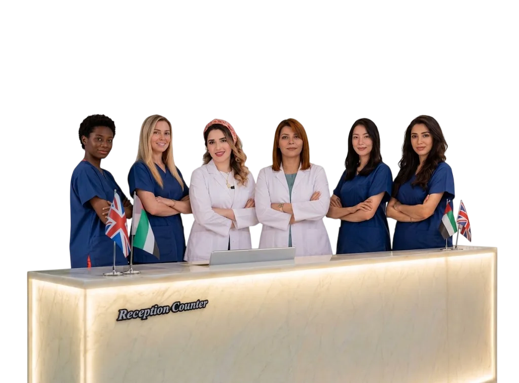 Professional medical team of doctors and nurses at Helia Clinic standing behind a glowing marble reception desk featuring UAE and UK flags.