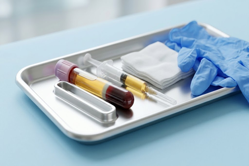 PRP hair treatment preparation with centrifuged blood sample and syringe
