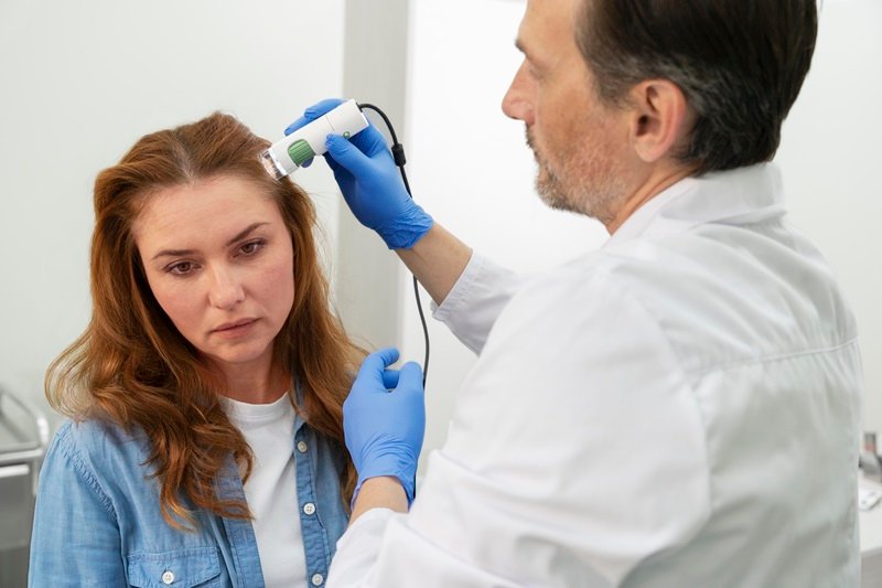 Dermatologist examining a patient's scalp with a dermatoscope