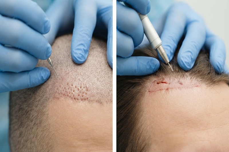Hair transplant methods including FUE and DHI