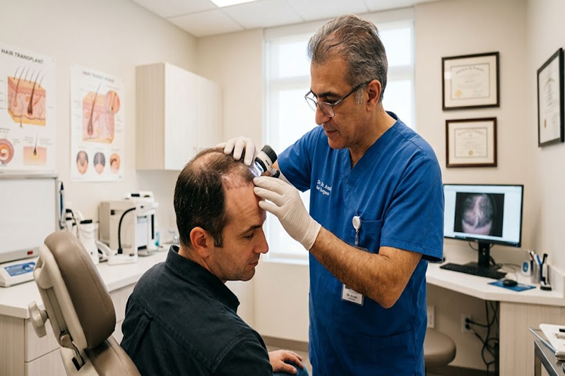 Patient consulting a hair transplant surgeon about postoperative concerns