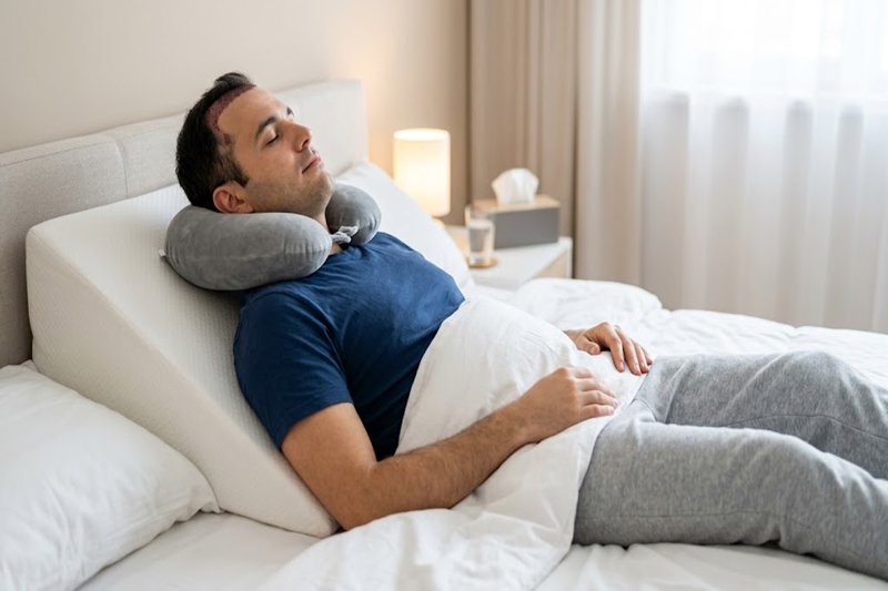 comfortable sleeping after hair transplant with wedge pillow