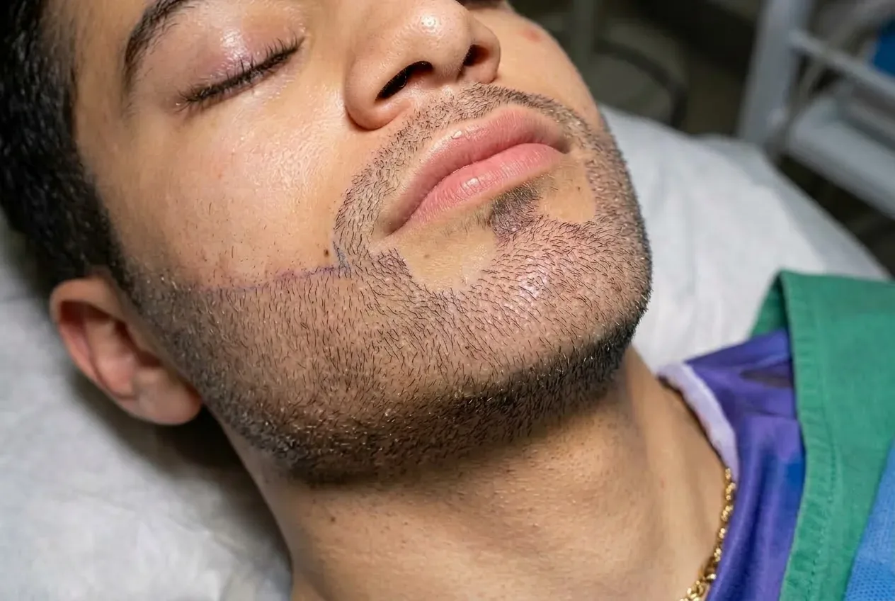 Facial hair transplant for patchy beard and mustache at Helia Clinic Dubai