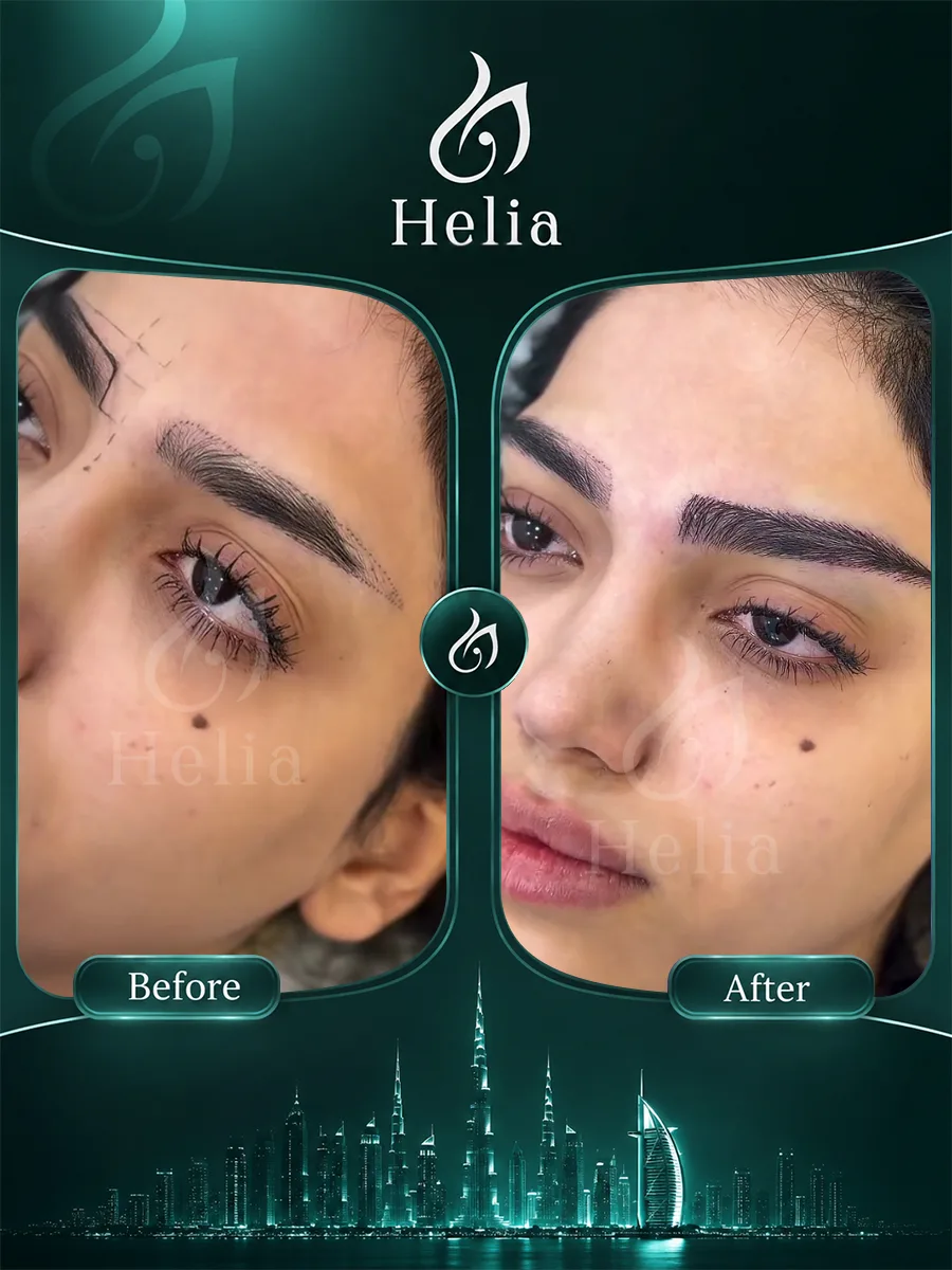 Before and after eyebrow transplant patient result 1 at Helia Clinic Dubai.