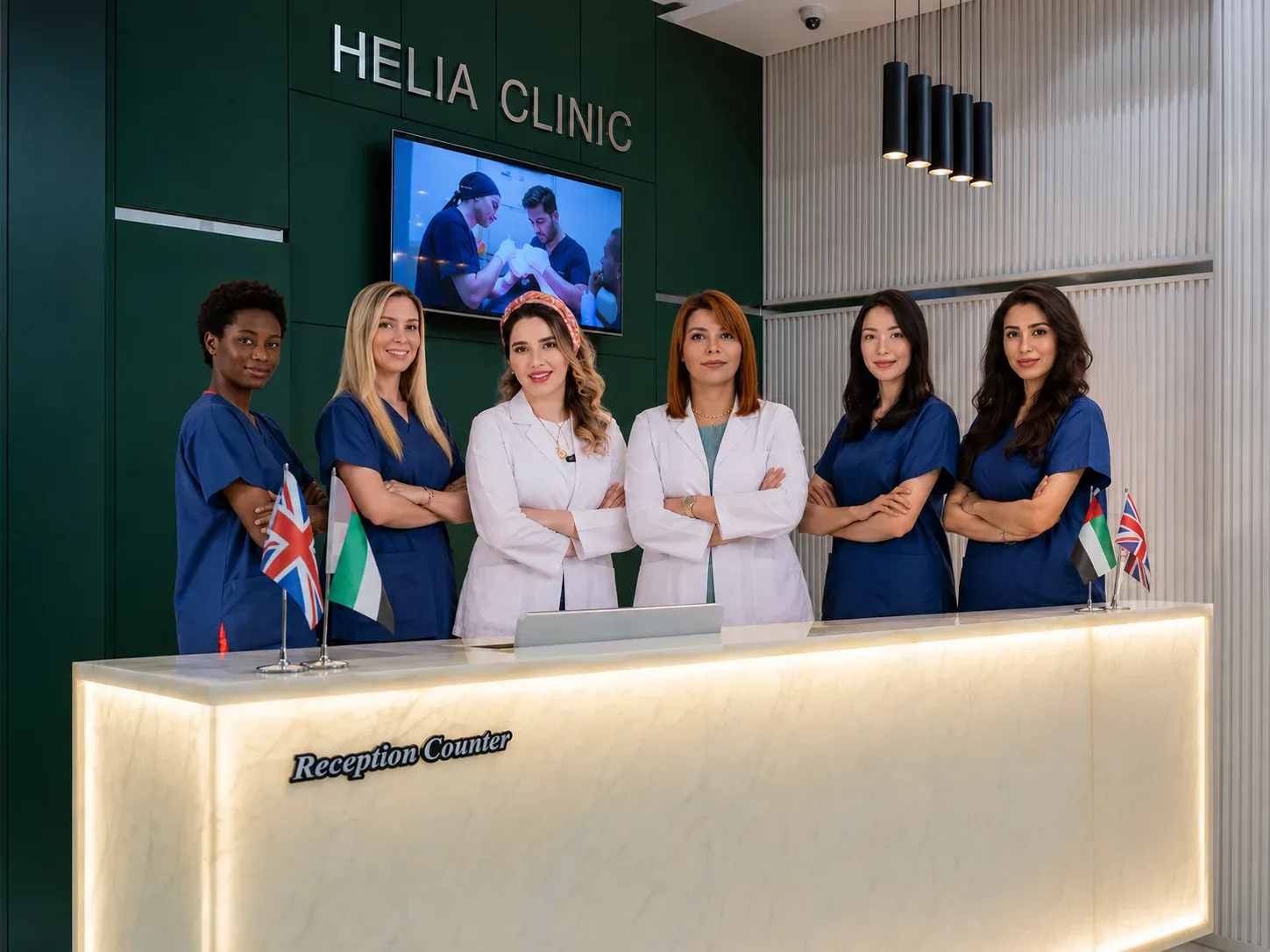 Helia Clinic medical team at the Dubai reception desk — specialists ready for PRP hair treatment consultations.