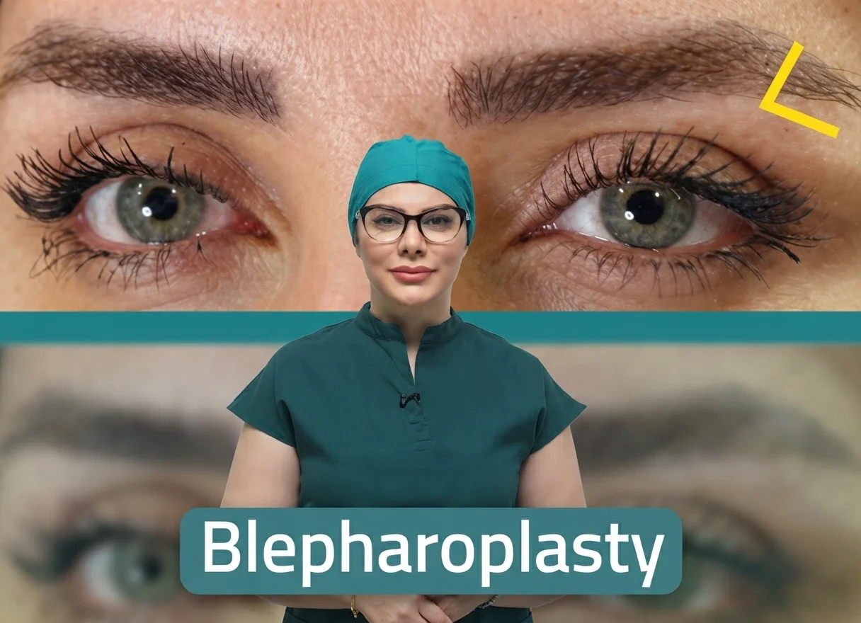 Professional surgeon presenting eyelid blepharoplasty procedure at Helia Clinic Dubai, featuring a close-up of aesthetic eye results.