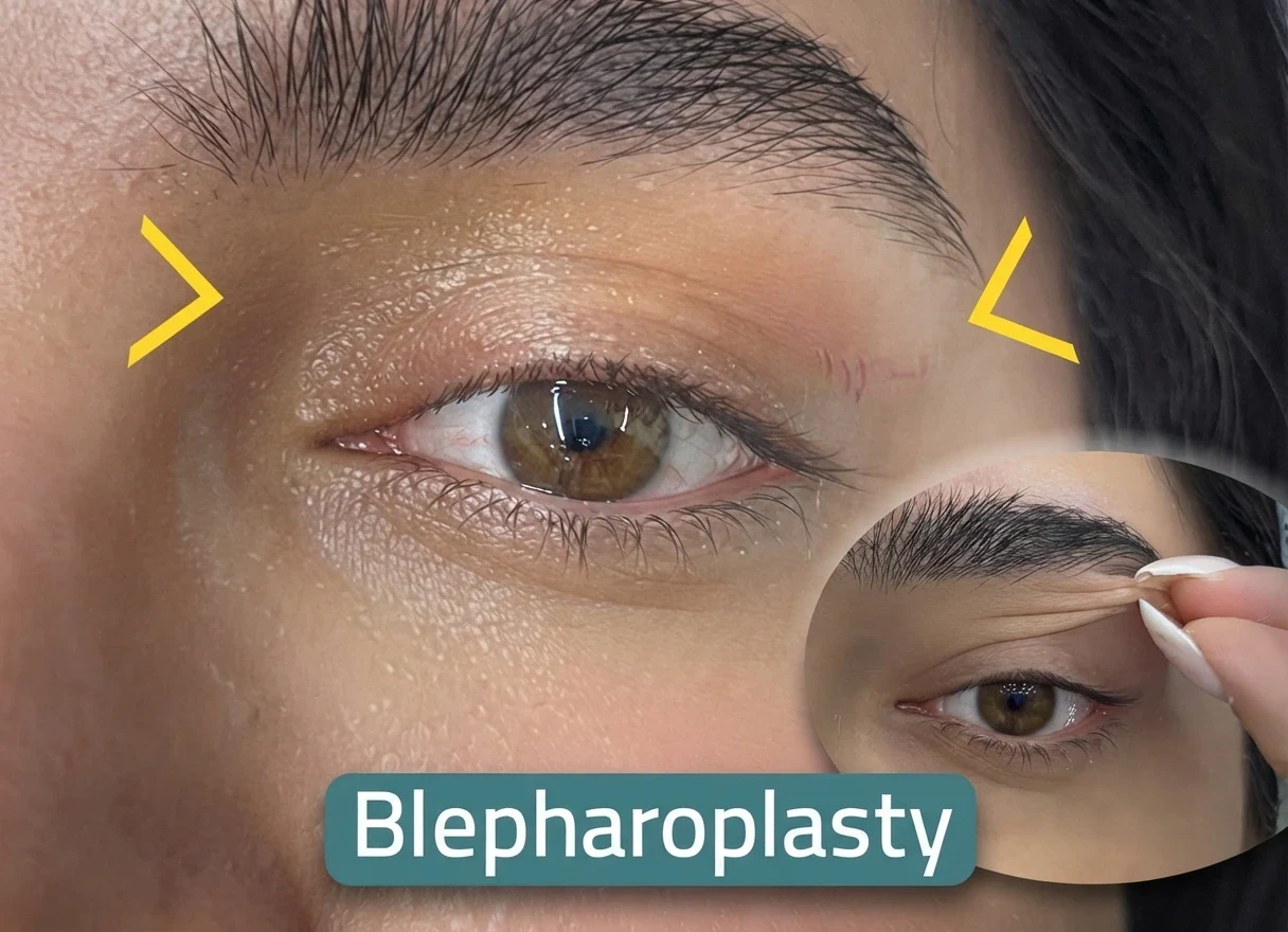 A side profile view of an eye with clinical markings indicating the areas for upper and lower eyelid surgery (blepharoplasty) to address sagging skin and puffiness.
