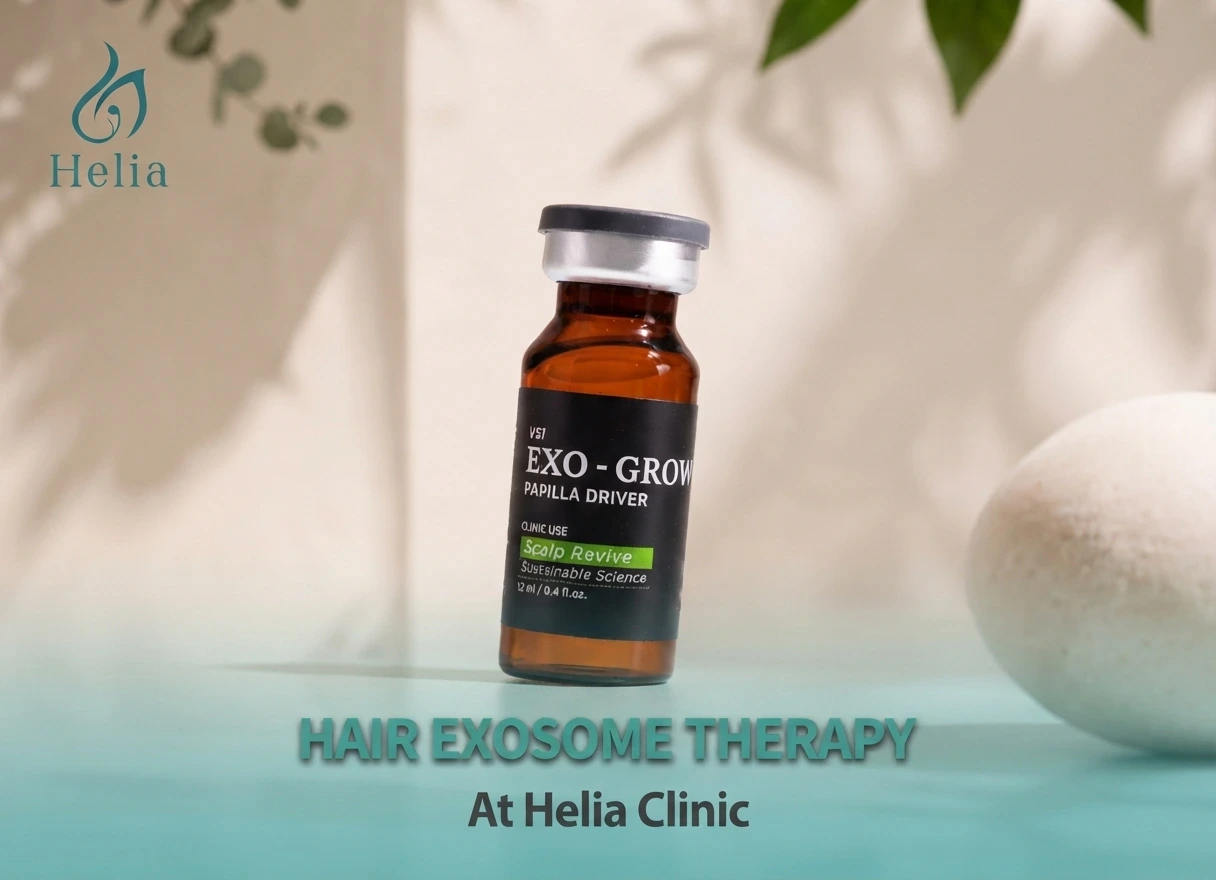 A vial of EXO-GROW Papilla Driver for Hair Exosome Therapy at Helia Clinic.