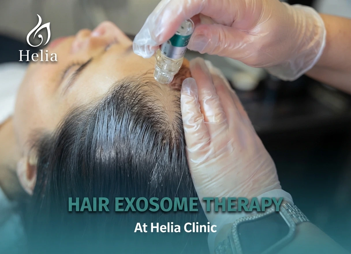 Professional hair exosome therapy procedure being performed on a patient's scalp at Helia Clinic.