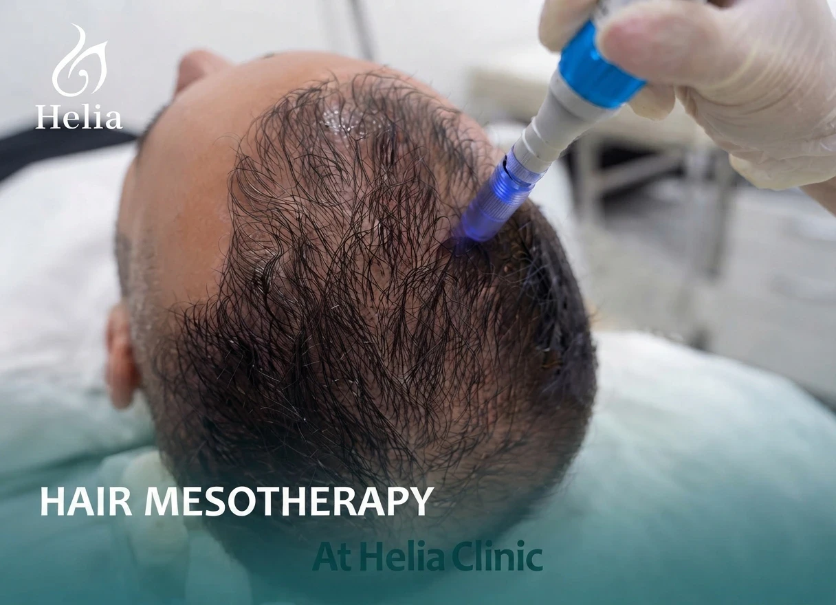 Hair mesotherapy procedure on a patient scalp at Helia Clinic