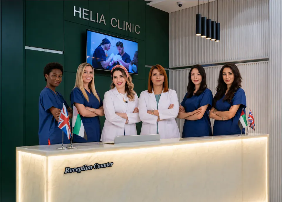 Professional medical team of doctors and nurses at Helia Clinic standing behind a glowing marble reception desk featuring UAE and UK flags.
