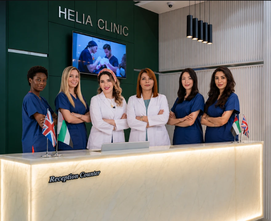Helia Clinic medical team at the reception desk