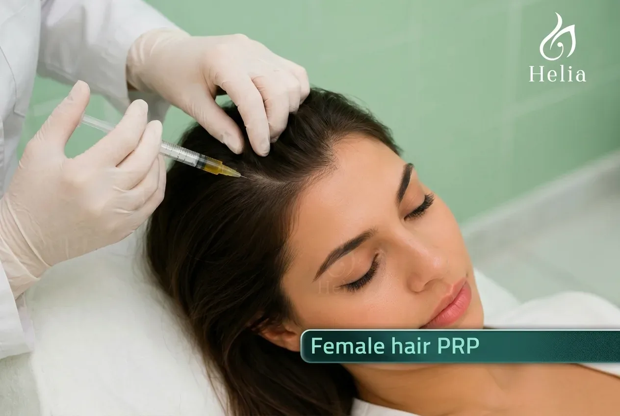 Female PRP hair treatment at Helia Clinic Dubai — platelet-rich plasma injected into the scalp.
