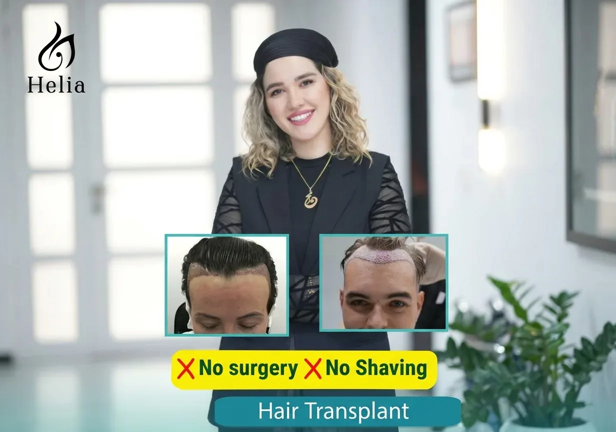 Unshaven no-shave hair transplant in Dubai at Helia Clinic — discreet DHI restoration without shaving existing hair.