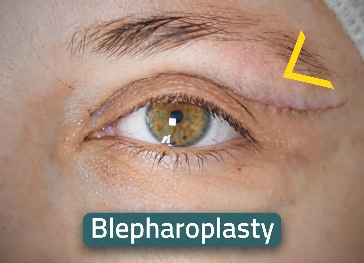Close-up of an eye showing the upper eyelid area for blepharoplasty, with a labeled surgical site illustration.