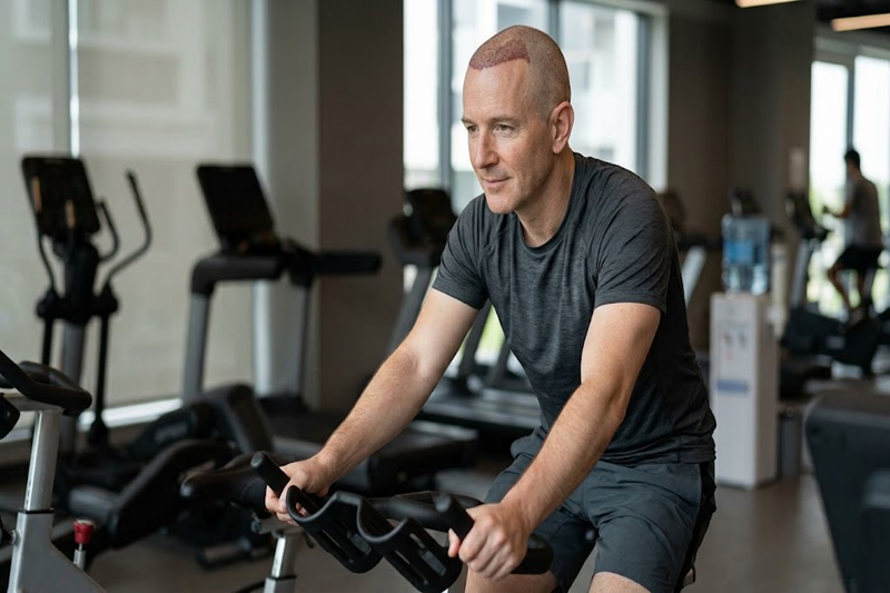 Man doing light cardio after hair transplant