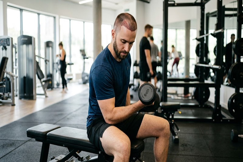 Man exercising carefully after hair transplant