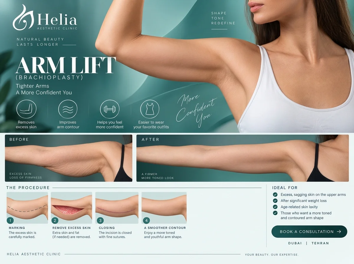 Arm lift brachioplasty infographic at Helia Aesthetic Clinic showing benefits, before and after, and the four-step procedure in Dubai
