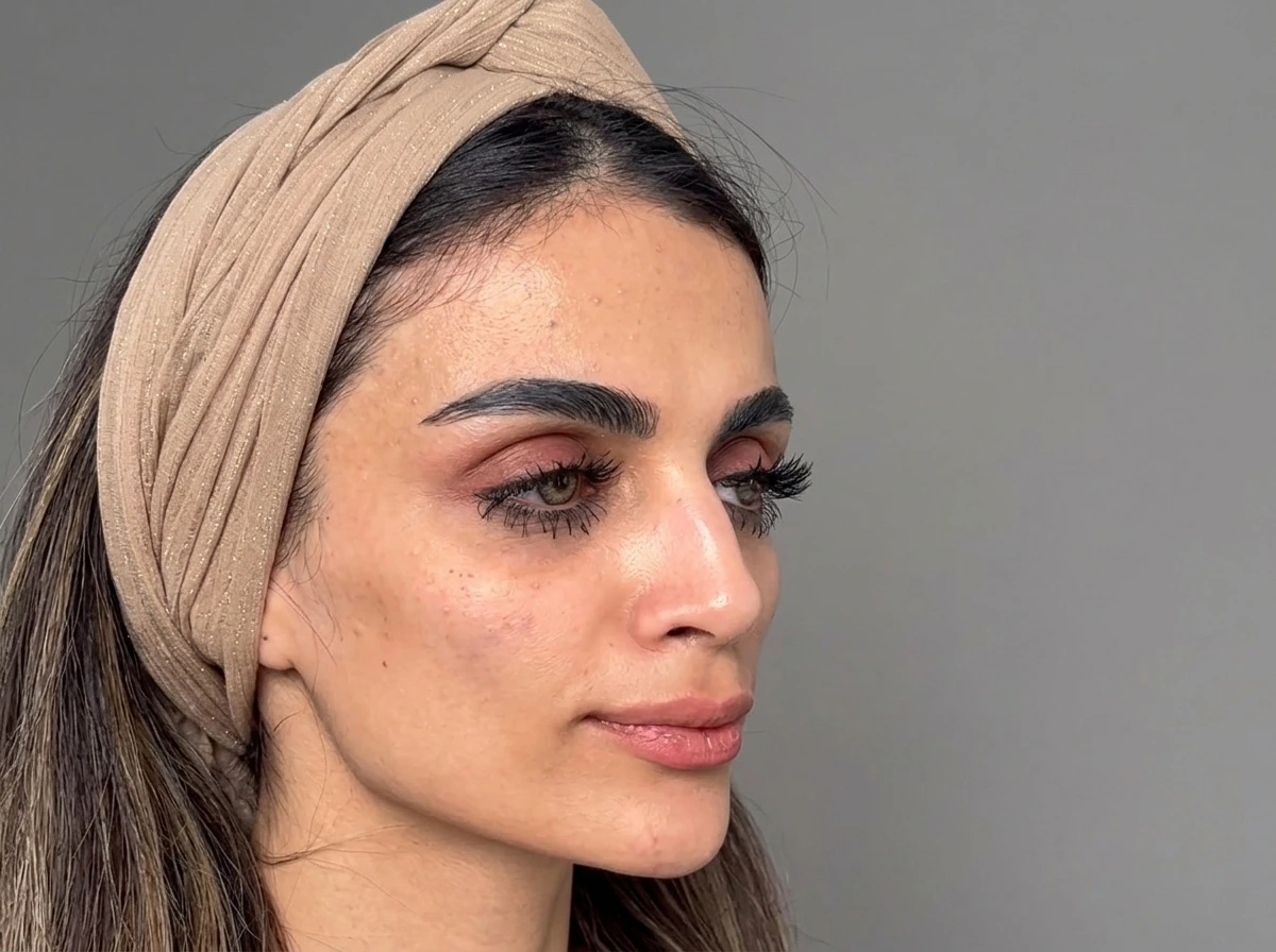 Close-up profile view of a woman with defined facial features and natural skin texture, showcasing areas for face contouring and fillers.