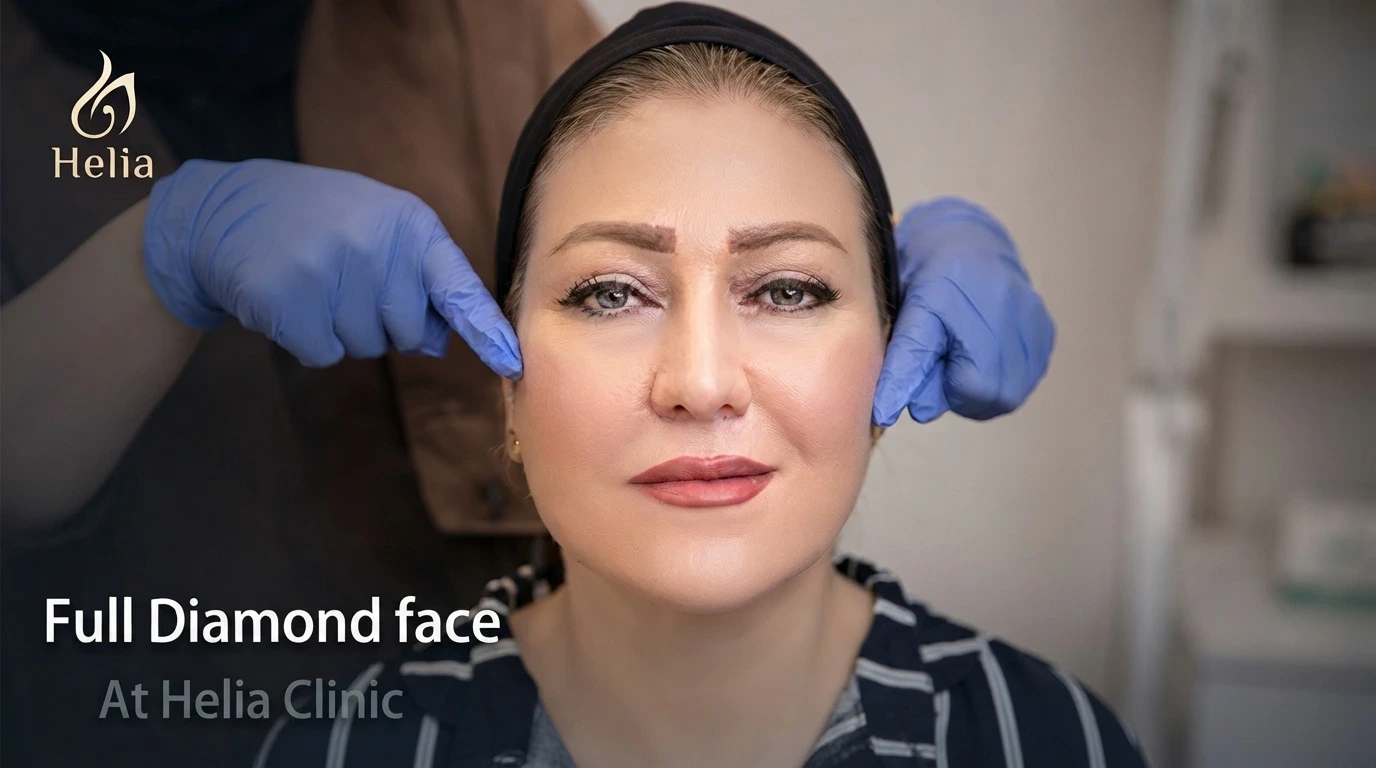 Close-up portrait of a woman showing rejuvenation results of a Full Diamond face treatment at Helia Clinic, highlighting areas treated with facial fat transfer.