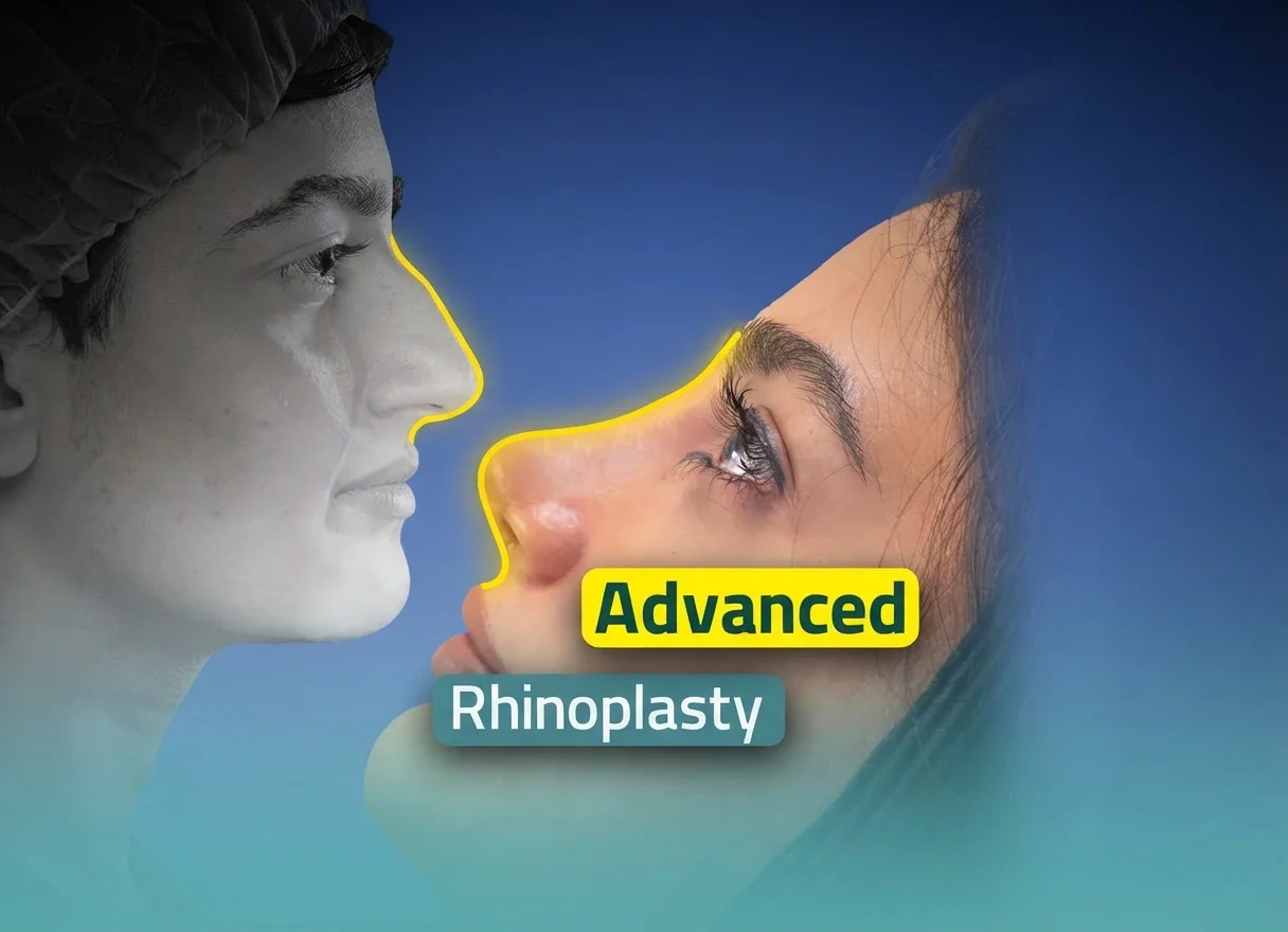 Functional rhinoplasty and septorhinoplasty at Helia Clinic Dubai, with a patient nose profile highlighted in a surgical setting.