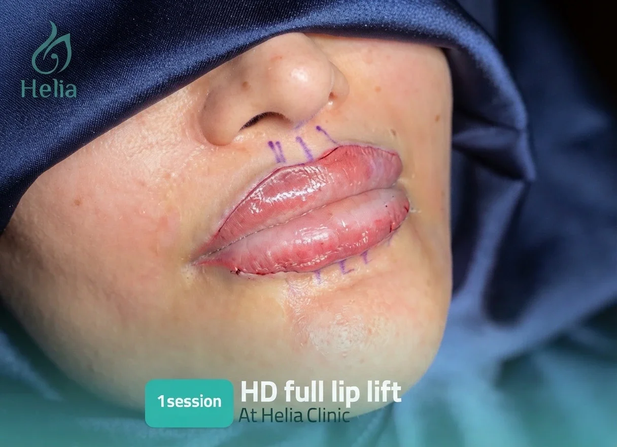 Post-operative view of an HD full lip lift at Helia Clinic showing subnasal incision and recovery stage.