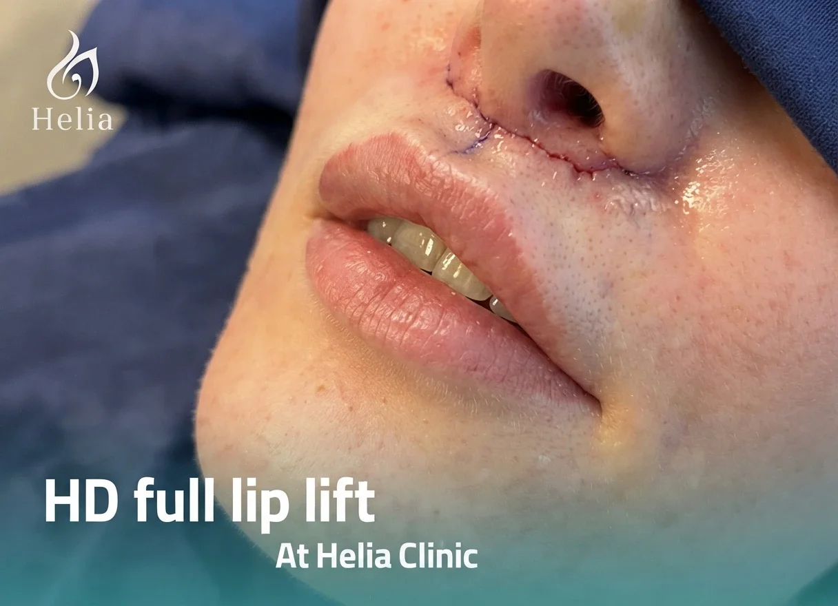 Close-up of a patient with surgical markings for an HD full lip lift candidate assessment at Helia Clinic Dubai.