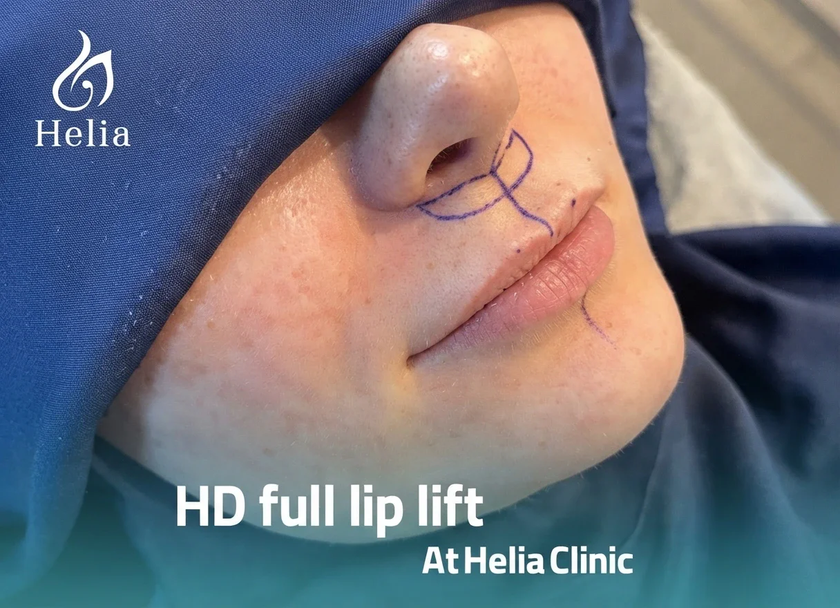 Close-up clinical result of an HD full lip lift procedure at Helia Clinic in Dubai, showing post-operative lip enhancement.