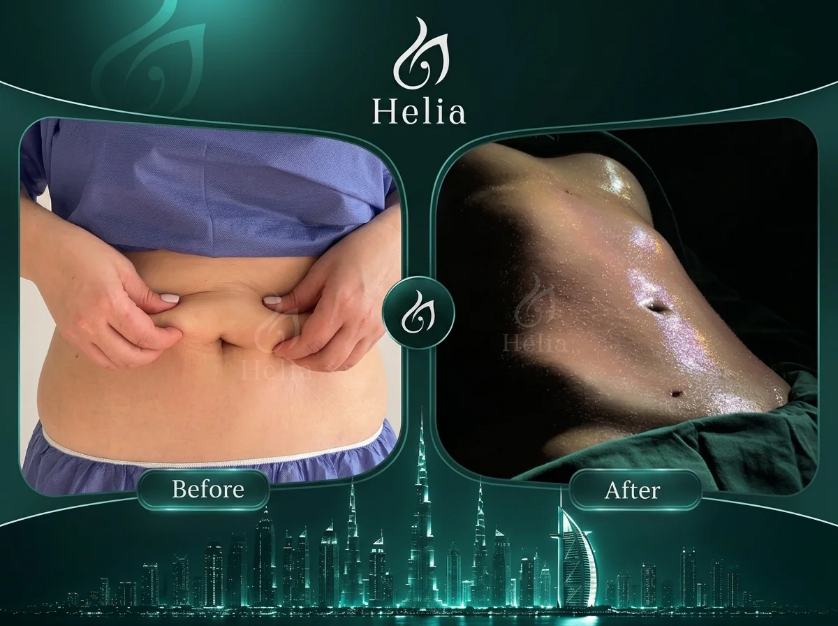 Before and after results of high-definition liposuction surgery at Helia Clinic in Dubai, showing abdominal fat reduction and muscle contouring.