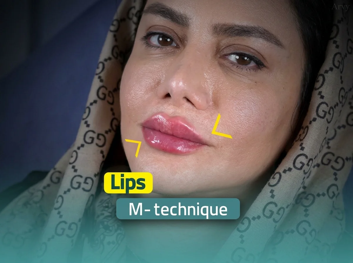نمای نزدیک از زنی که نتایج پرکننده لب با تکنیک M را با لب‌های صورتی براق نشان می‌دهد و نشان می‌دهد که پرکننده‌های لب چقدر در کلینیک هیلیا تهران دوام دارند.