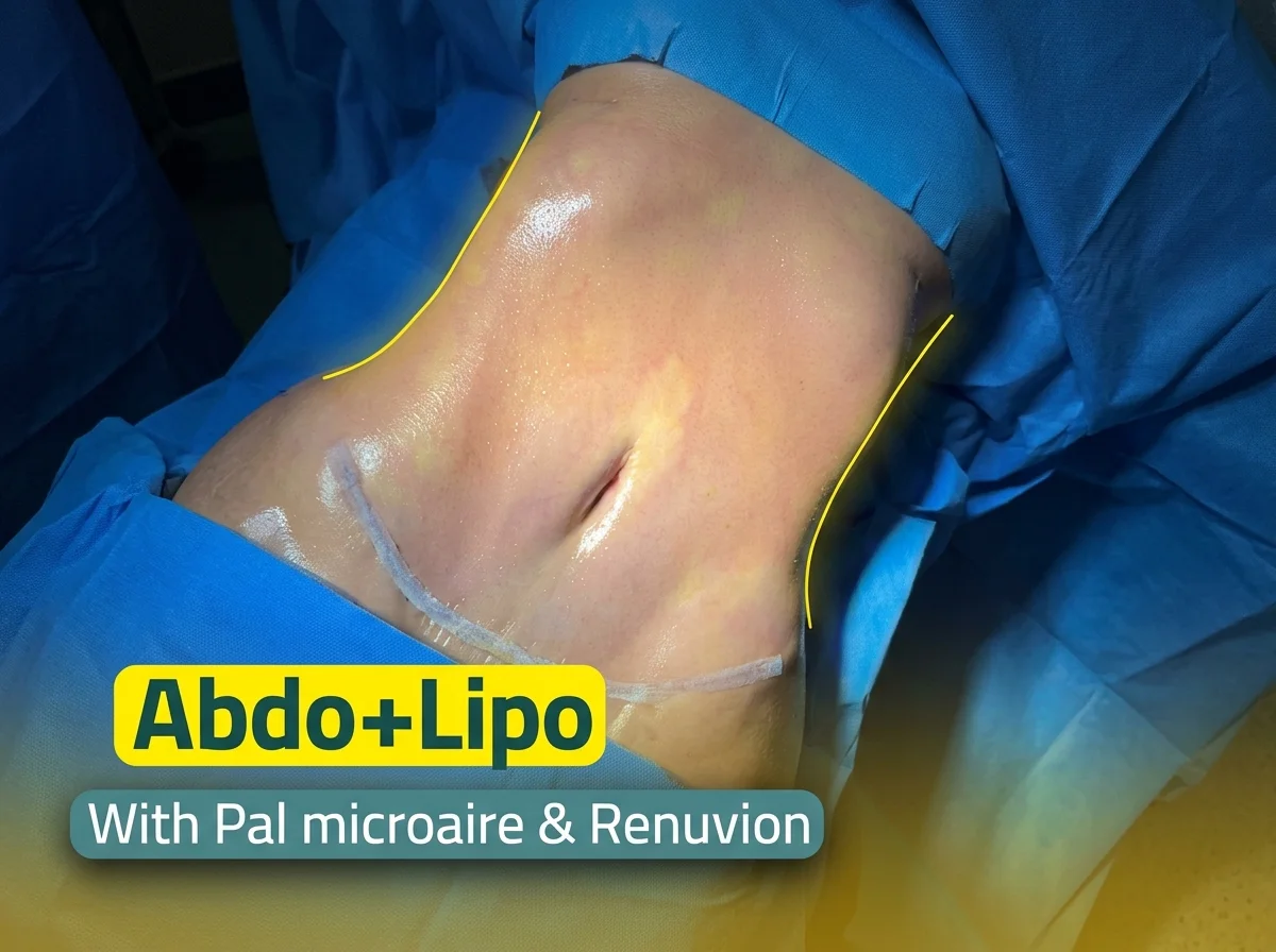 Surgeon marking and examining a patient's abdomen for combined tummy tuck and liposuction at Helia Clinic Dubai