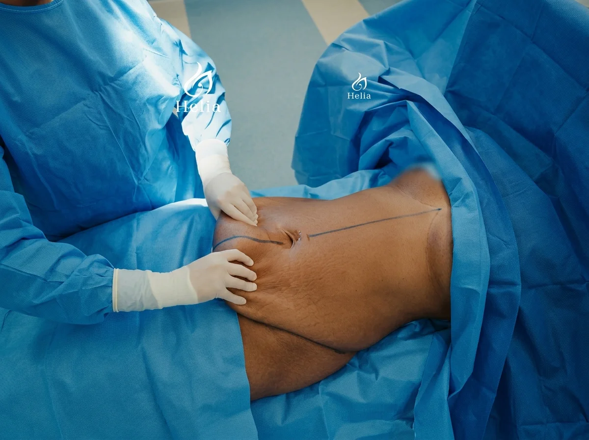 Patient abdomen assessment for tummy tuck candidacy at Helia Clinic Dubai